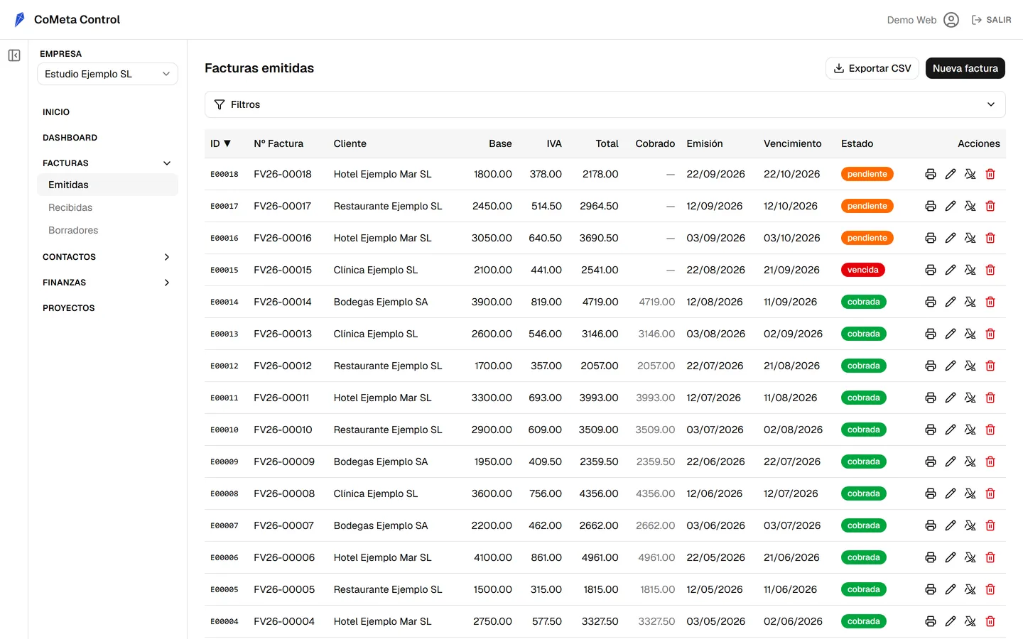 List of issued invoices with client, amounts, dates and status paid, pending or overdue