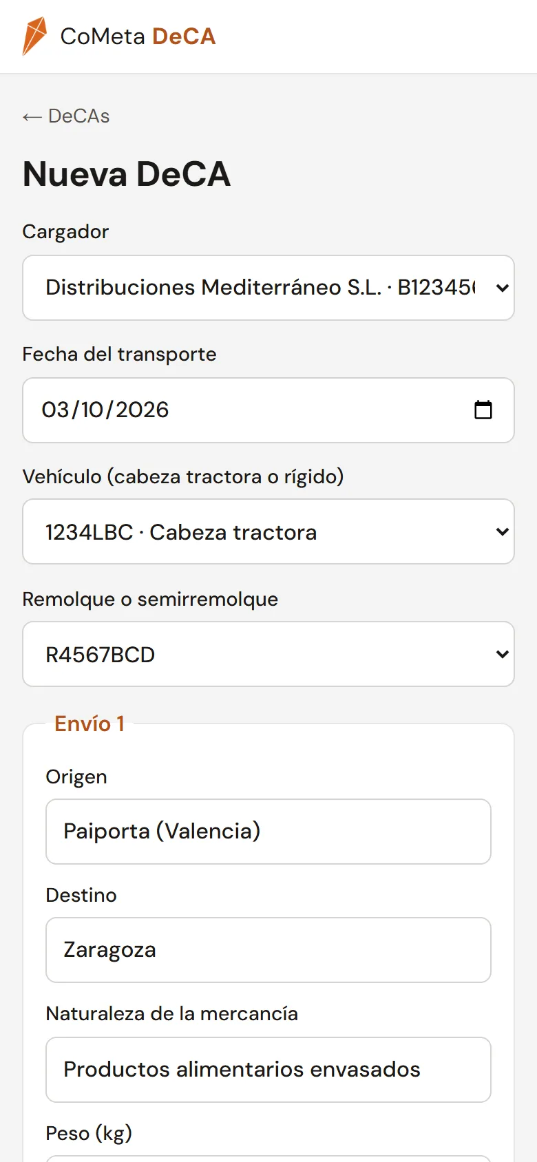 Formulari de nova DeCA amb carregador, vehicle i remolc seleccionats