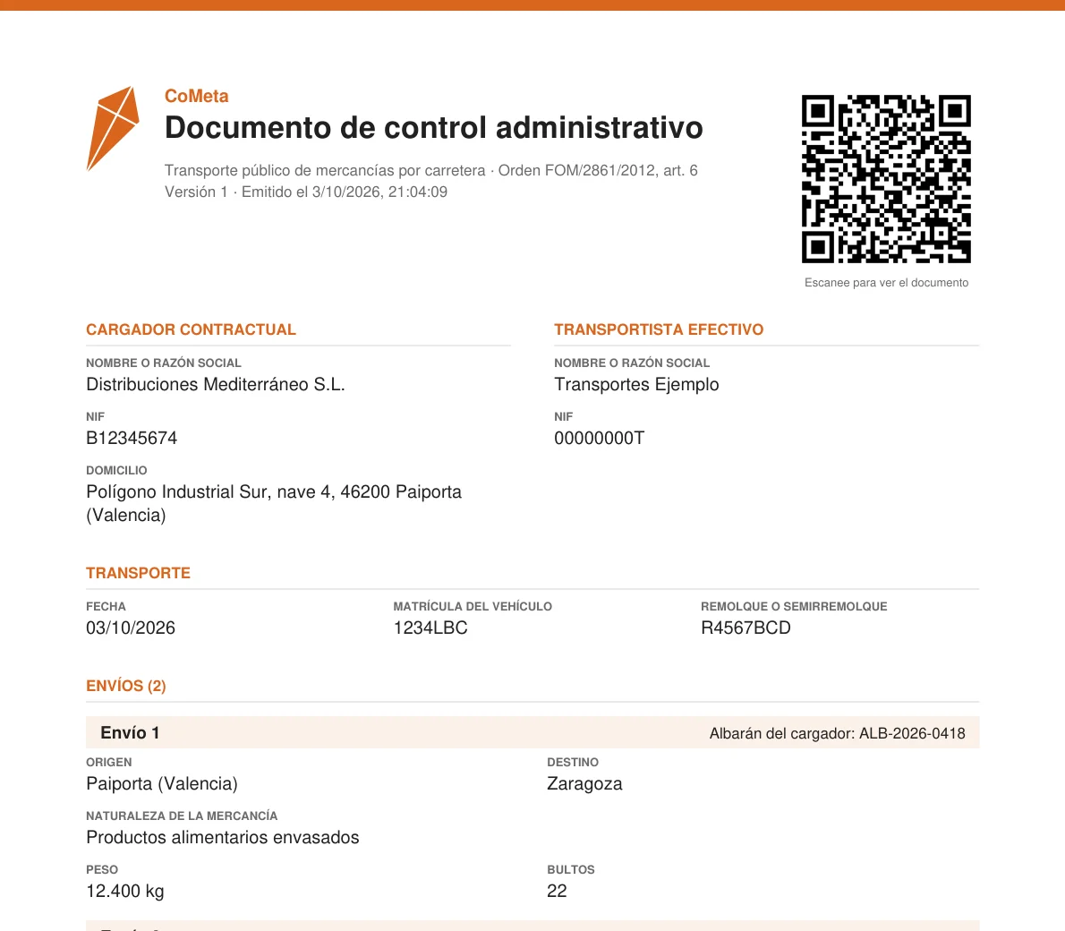 Document de control en PDF amb el codi QR i les dades del carregador i del transportista